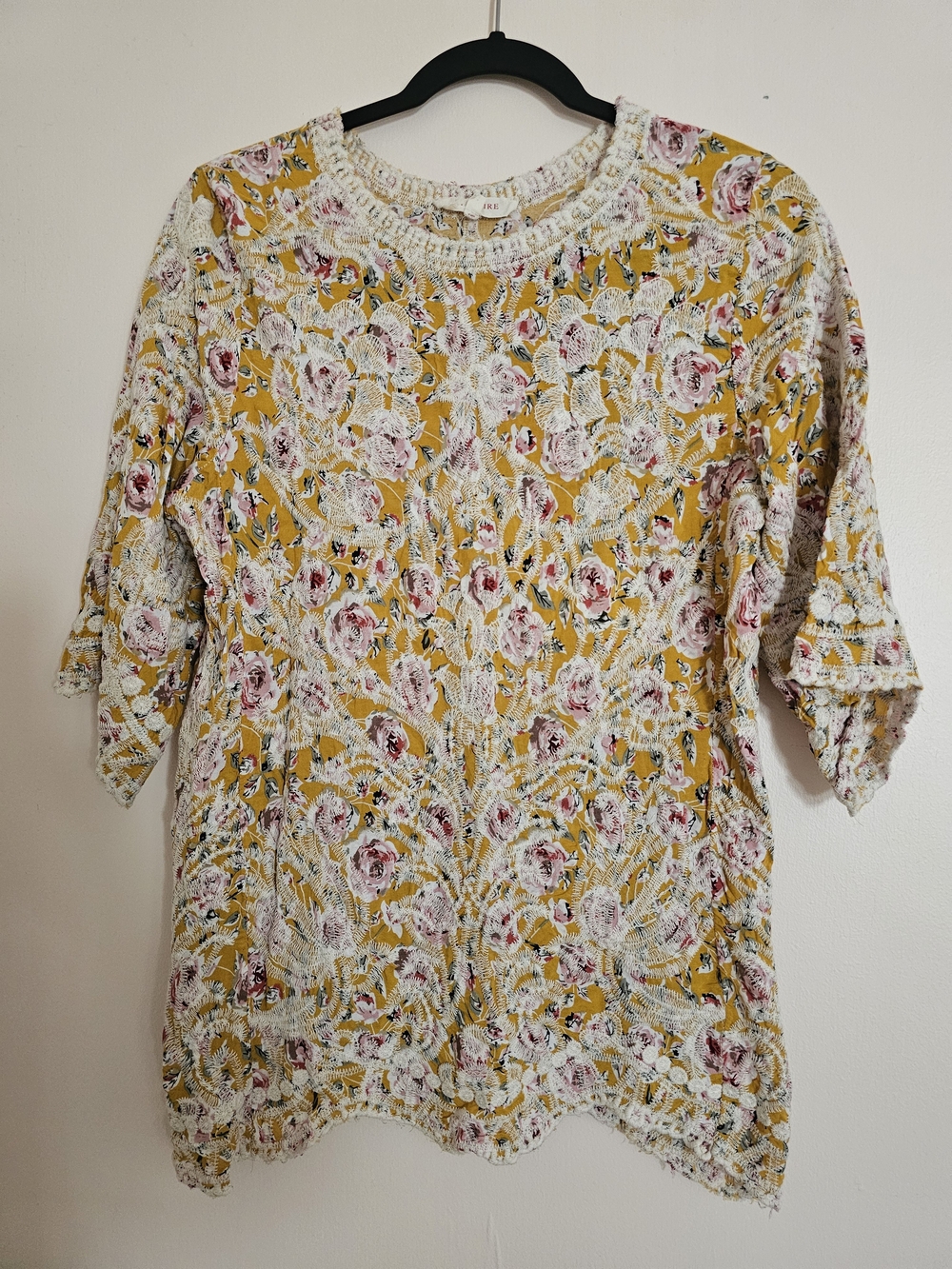 Solitaire Large BOHO Embroidered Overlay Floral Top - Mustard Yellow
